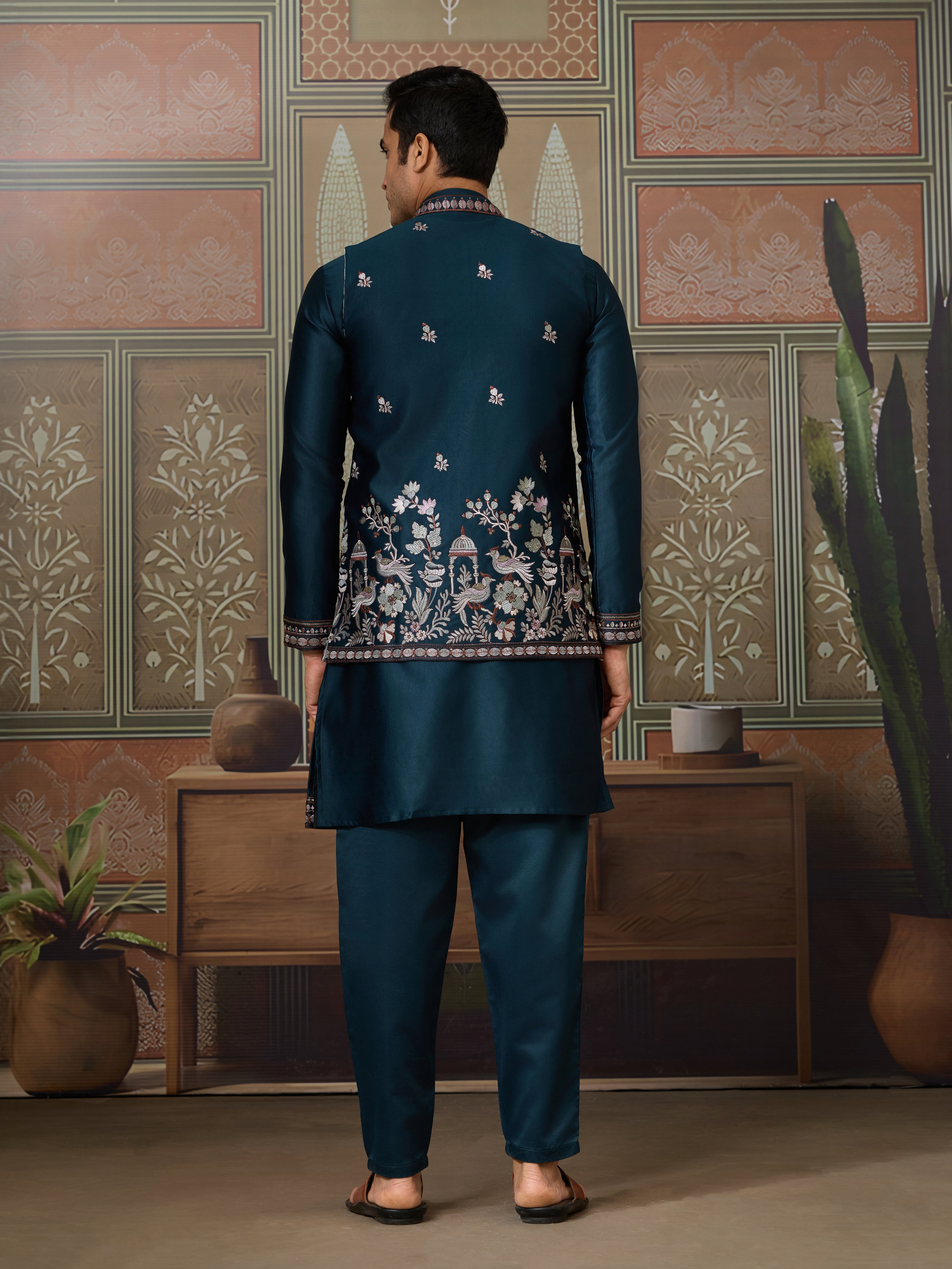 Traditional Teal Blue Koti Kurta Set for Mens Wear