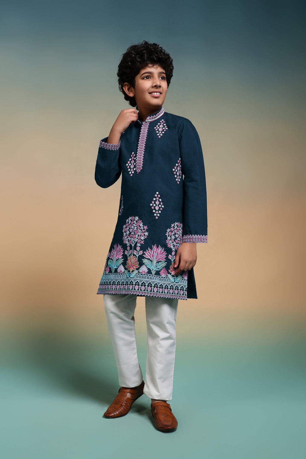 Premium Teal Blue Viscose Silk Multi Thread Work Kurta Pajama Set