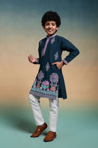 Premium Teal Blue Viscose Silk Multi Thread Work Kurta Pajama Set