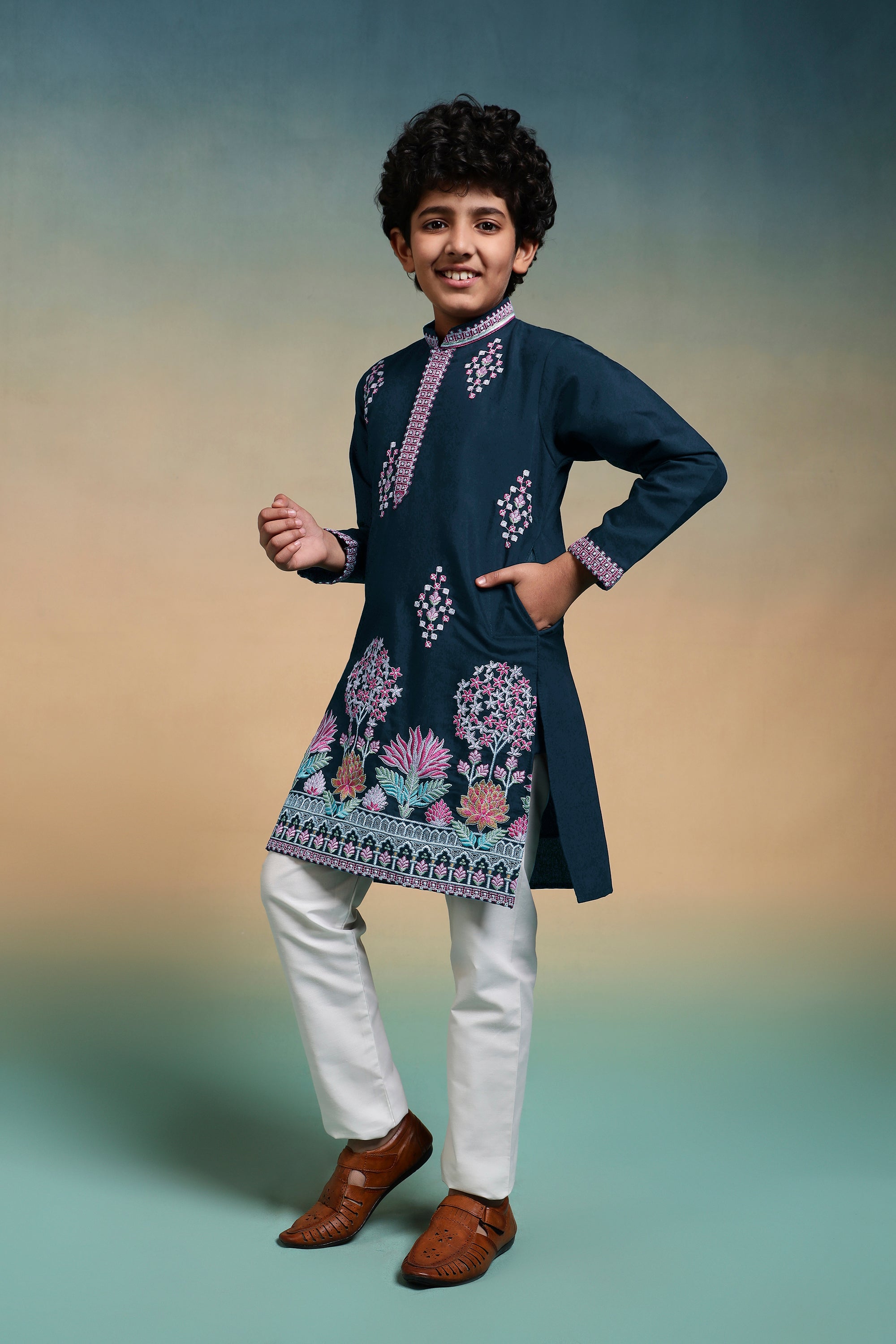 Premium Teal Blue Viscose Silk Multi Thread Work Kurta Pajama Set