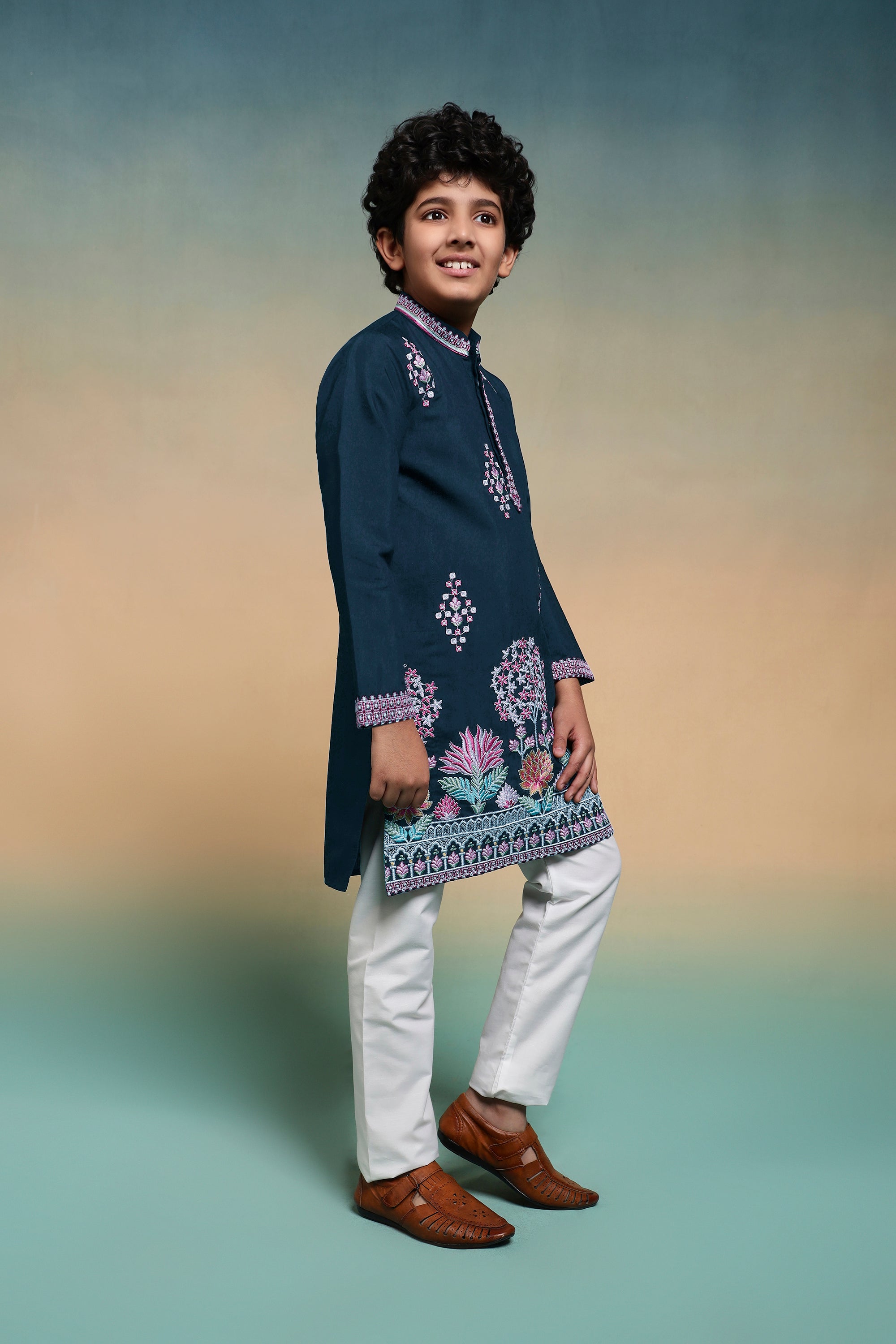 Premium Teal Blue Viscose Silk Multi Thread Work Kurta Pajama Set