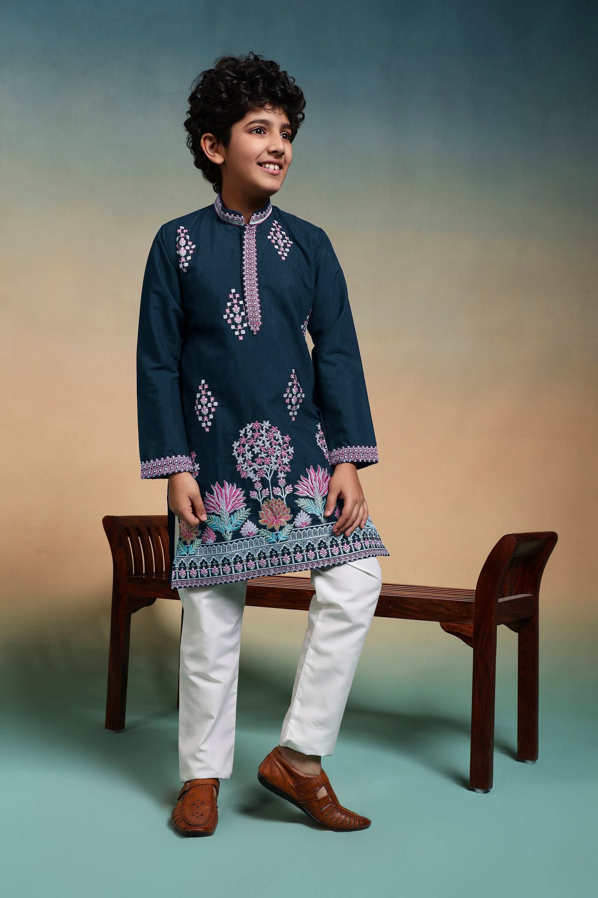 Premium Teal Blue Viscose Silk Multi Thread Work Kurta Pajama Set