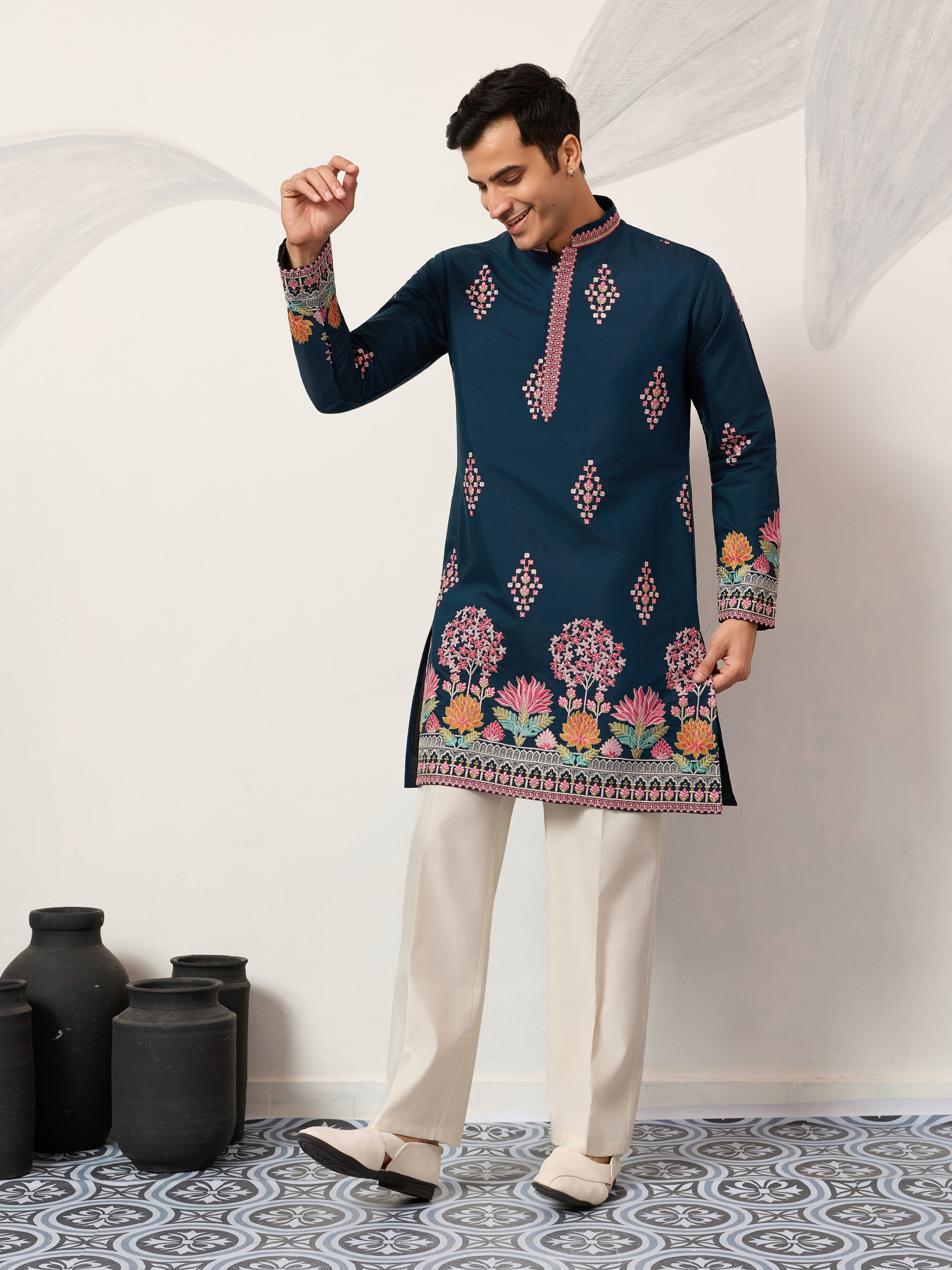 Indian Wedding Style Exclusive Teal Blue Kurta for Mens