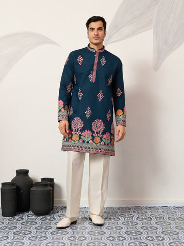 Indian Wedding Style Exclusive Teal Blue Kurta for Mens