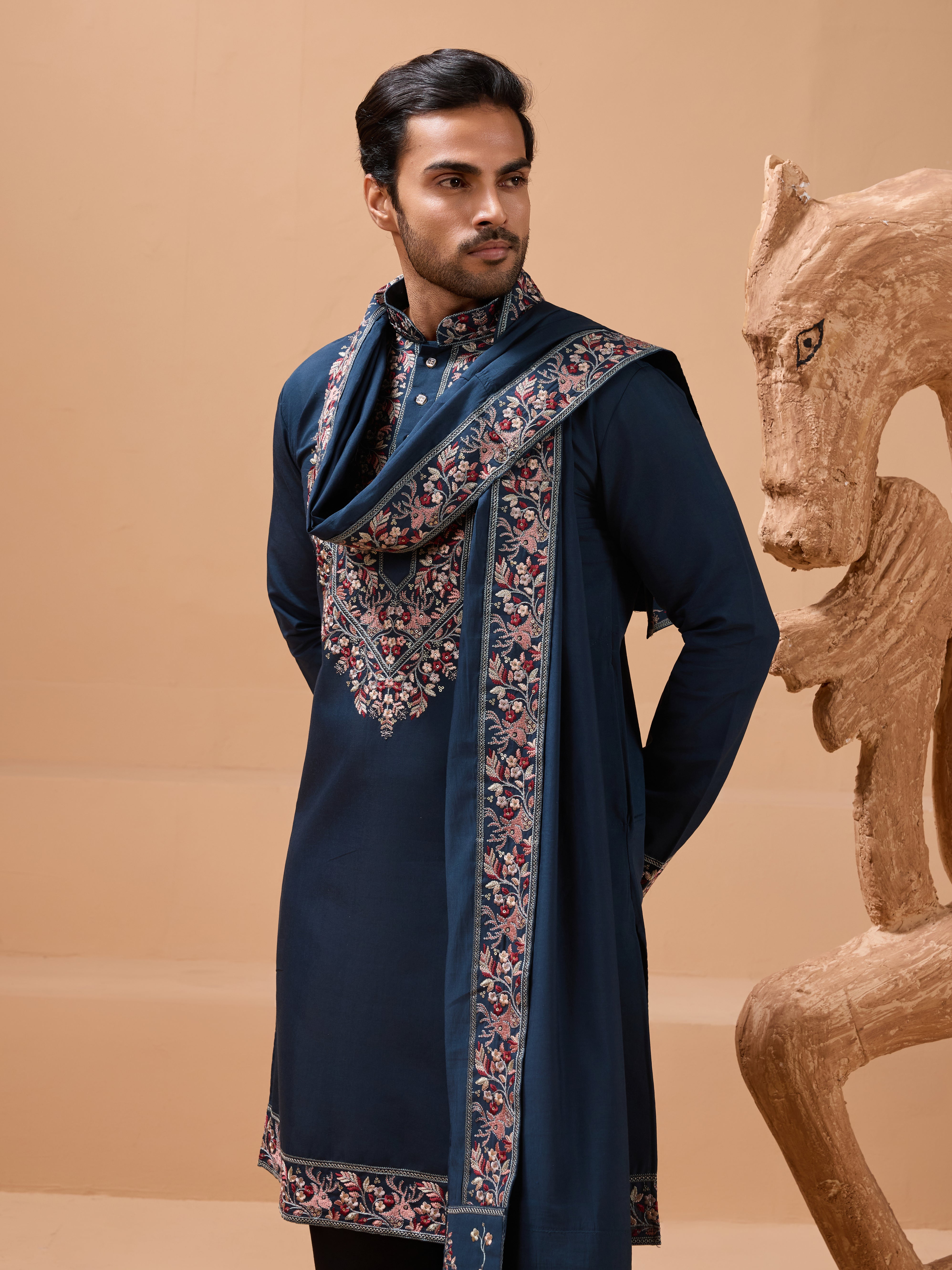 Elegant Teal Blue Kurta with Dupatta for Mens Wear