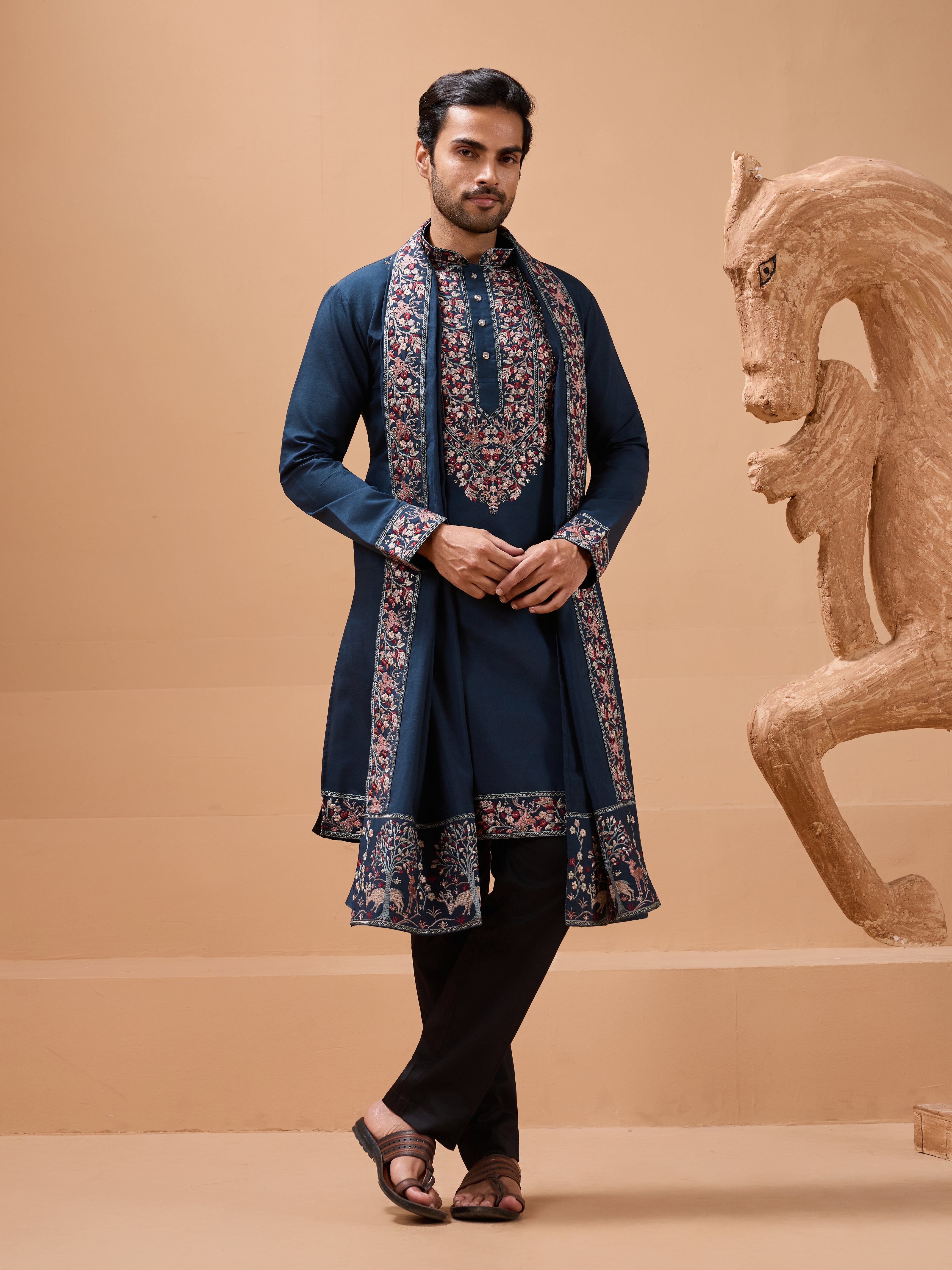 Elegant Teal Blue Kurta with Dupatta for Mens Wear