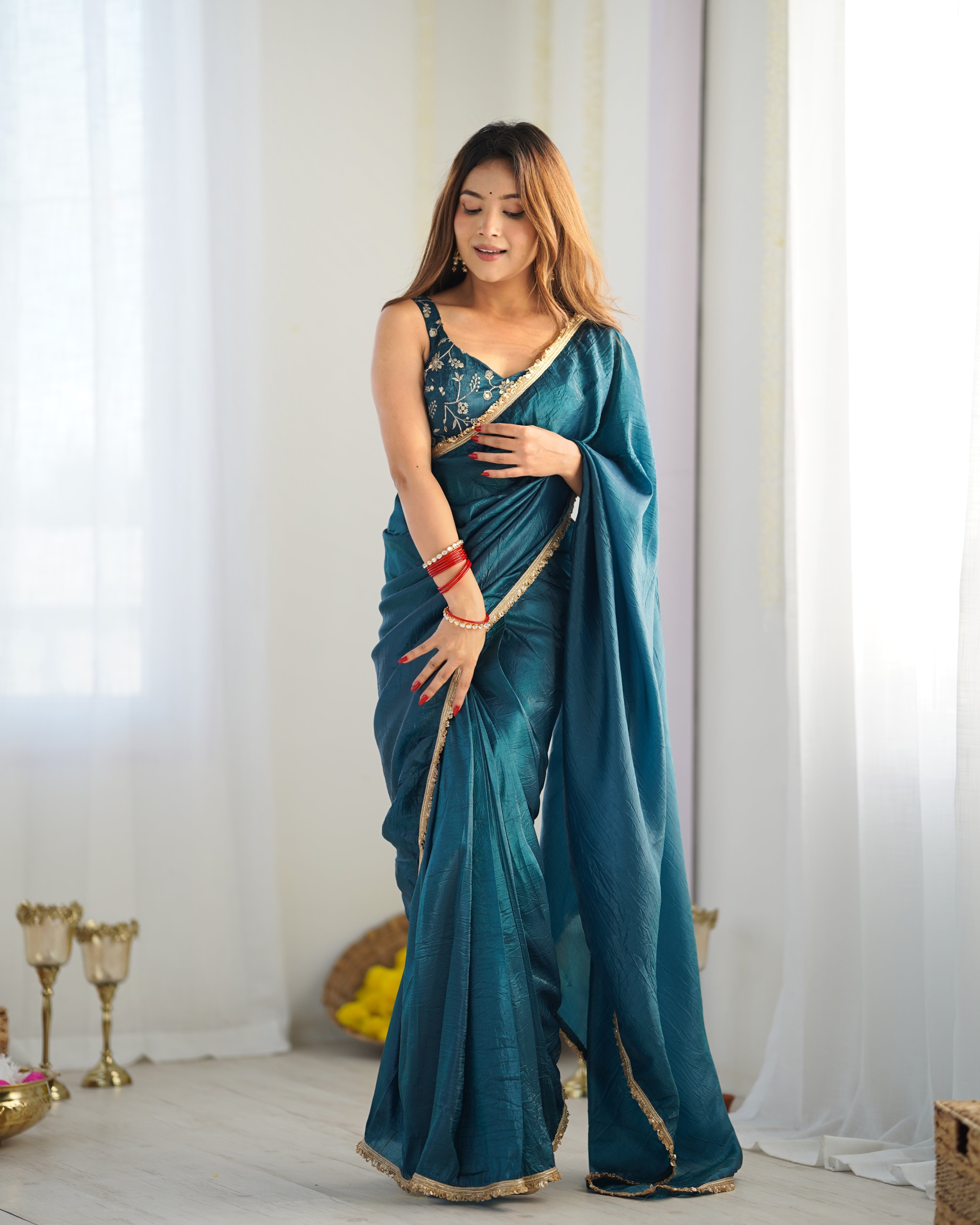 Ready To Wear Pre Draped Ready To Wear Saree With Full Stitched Blouse Premium Gold Crush Tissue Silk Fabric - Teal Blue

