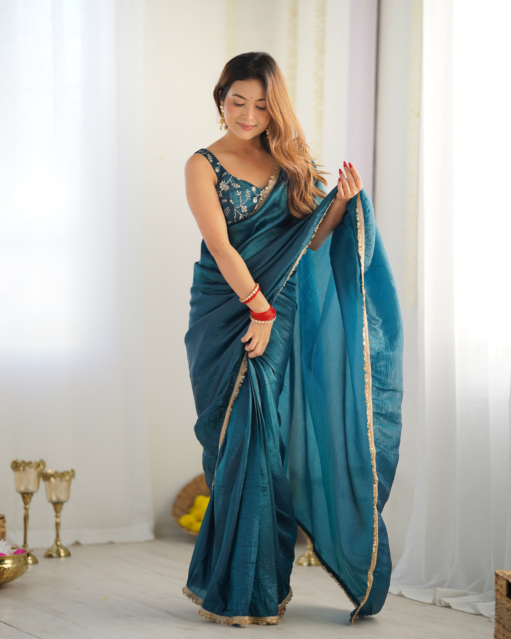 Ready To Wear Pre Draped Ready To Wear Saree With Full Stitched Blouse Premium Gold Crush Tissue Silk Fabric - Teal Blue
