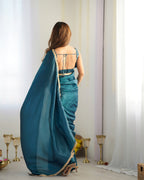 Ready To Wear Pre Draped Ready To Wear Saree With Full Stitched Blouse Premium Gold Crush Tissue Silk Fabric - Teal Blue
