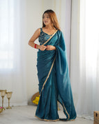 Ready To Wear Pre Draped Ready To Wear Saree With Full Stitched Blouse Premium Gold Crush Tissue Silk Fabric - Teal Blue
