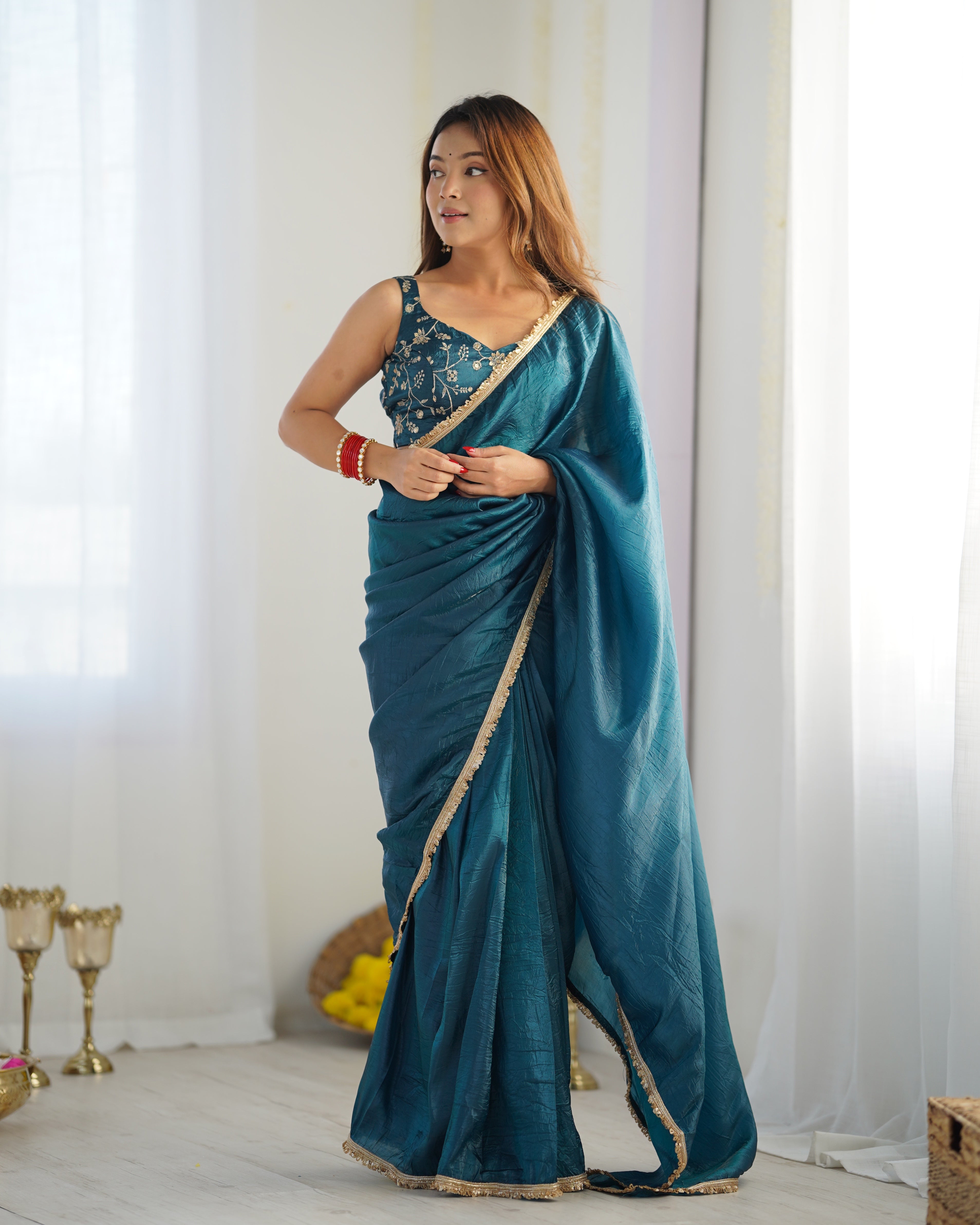 Ready To Wear Pre Draped Ready To Wear Saree With Full Stitched Blouse Premium Gold Crush Tissue Silk Fabric - Teal Blue
