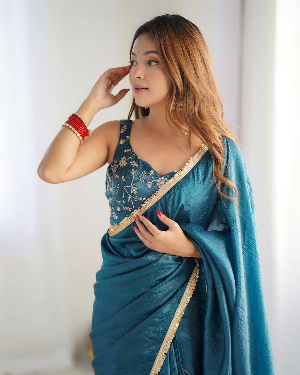 Ready To Wear Pre Draped Ready To Wear Saree With Full Stitched Blouse Premium Gold Crush Tissue Silk Fabric - Teal Blue
