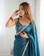 Ready To Wear Pre Draped Ready To Wear Saree With Full Stitched Blouse Premium Gold Crush Tissue Silk Fabric - Teal Blue
