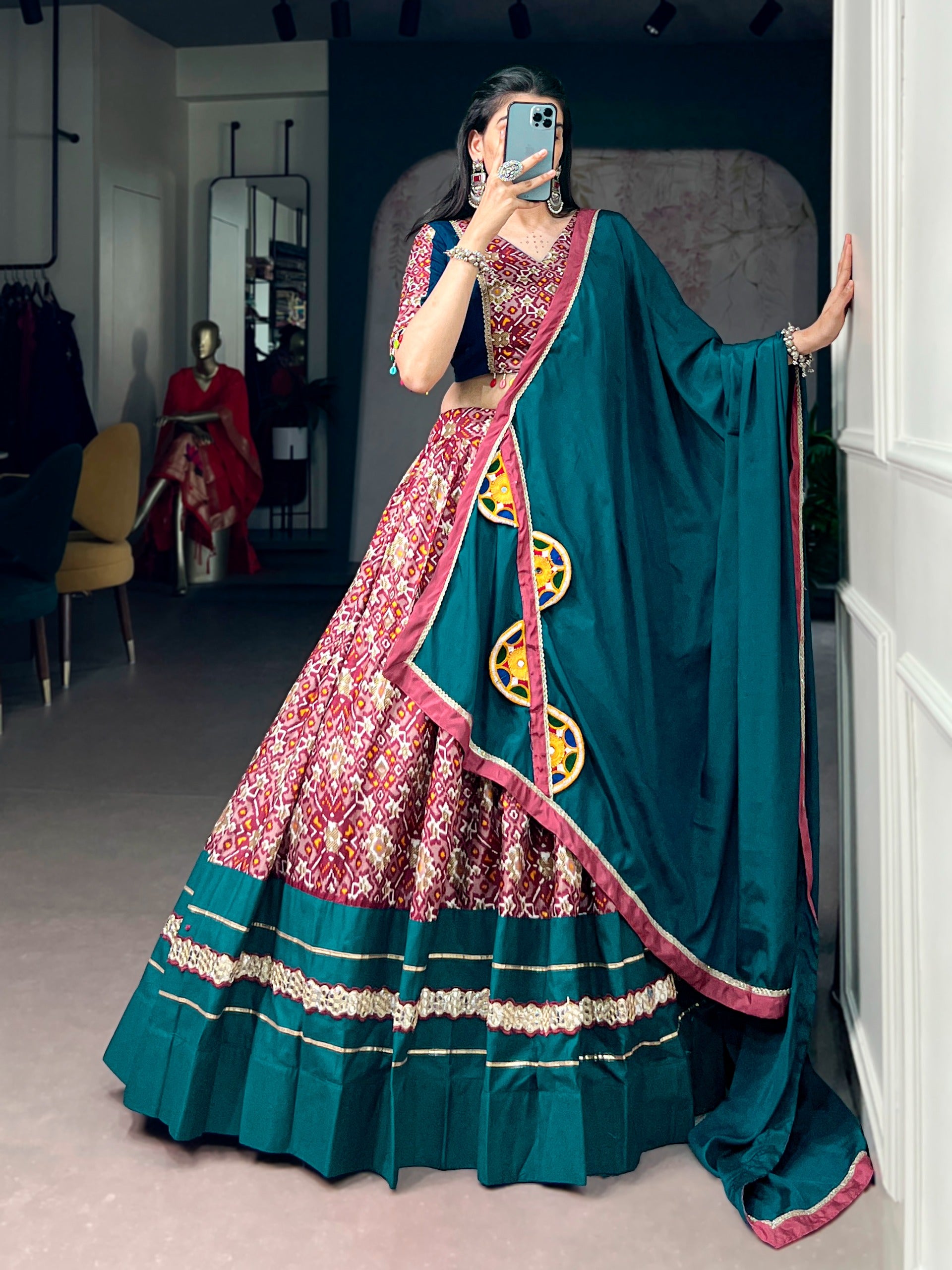 Designer Teal Blue Printed Tasar Silk Lehenga for Garba Nights
