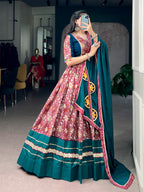 Designer Teal Blue Printed Tasar Silk Lehenga for Garba Nights
