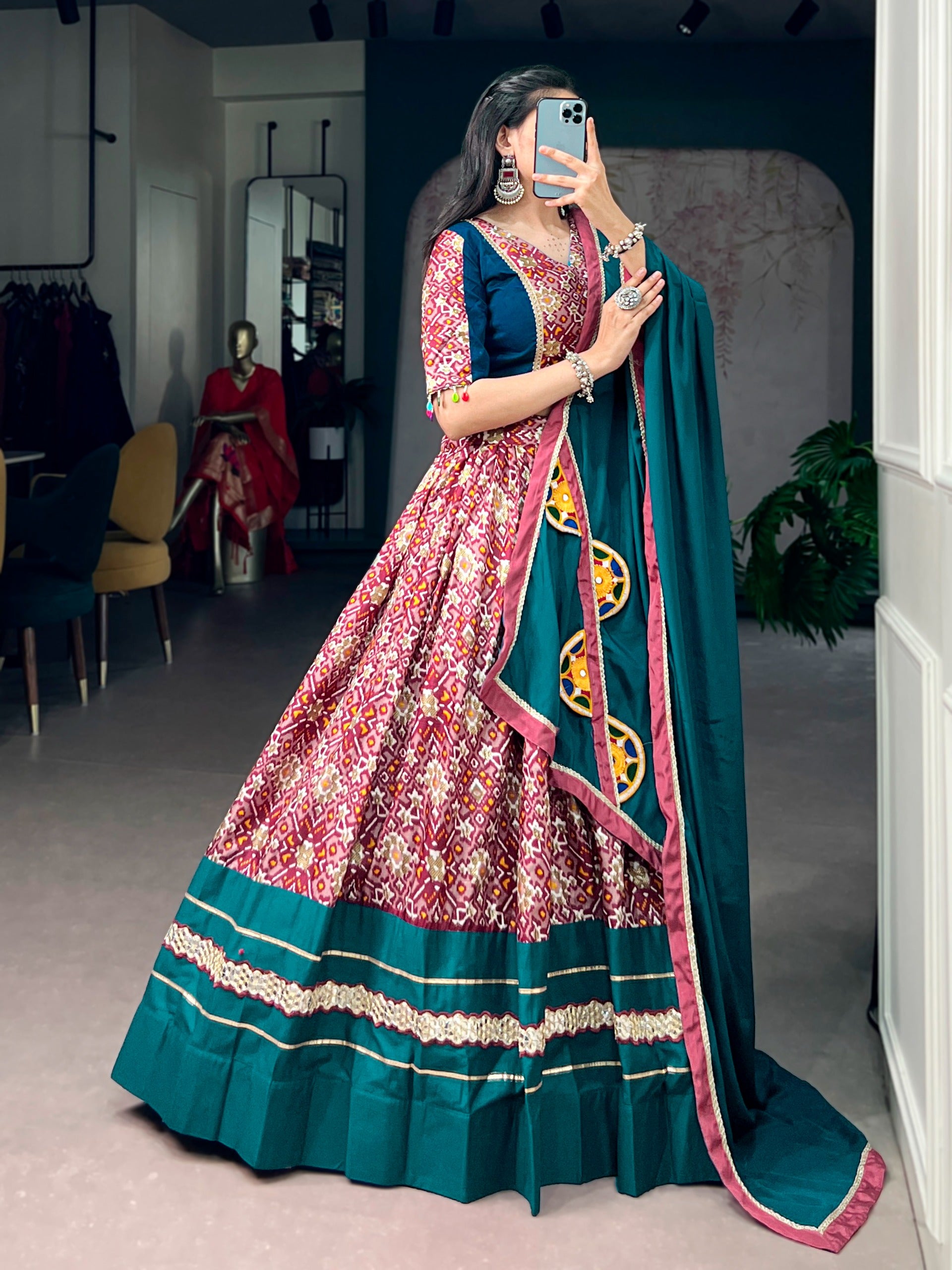 Designer Teal Blue Printed Tasar Silk Lehenga for Garba Nights
