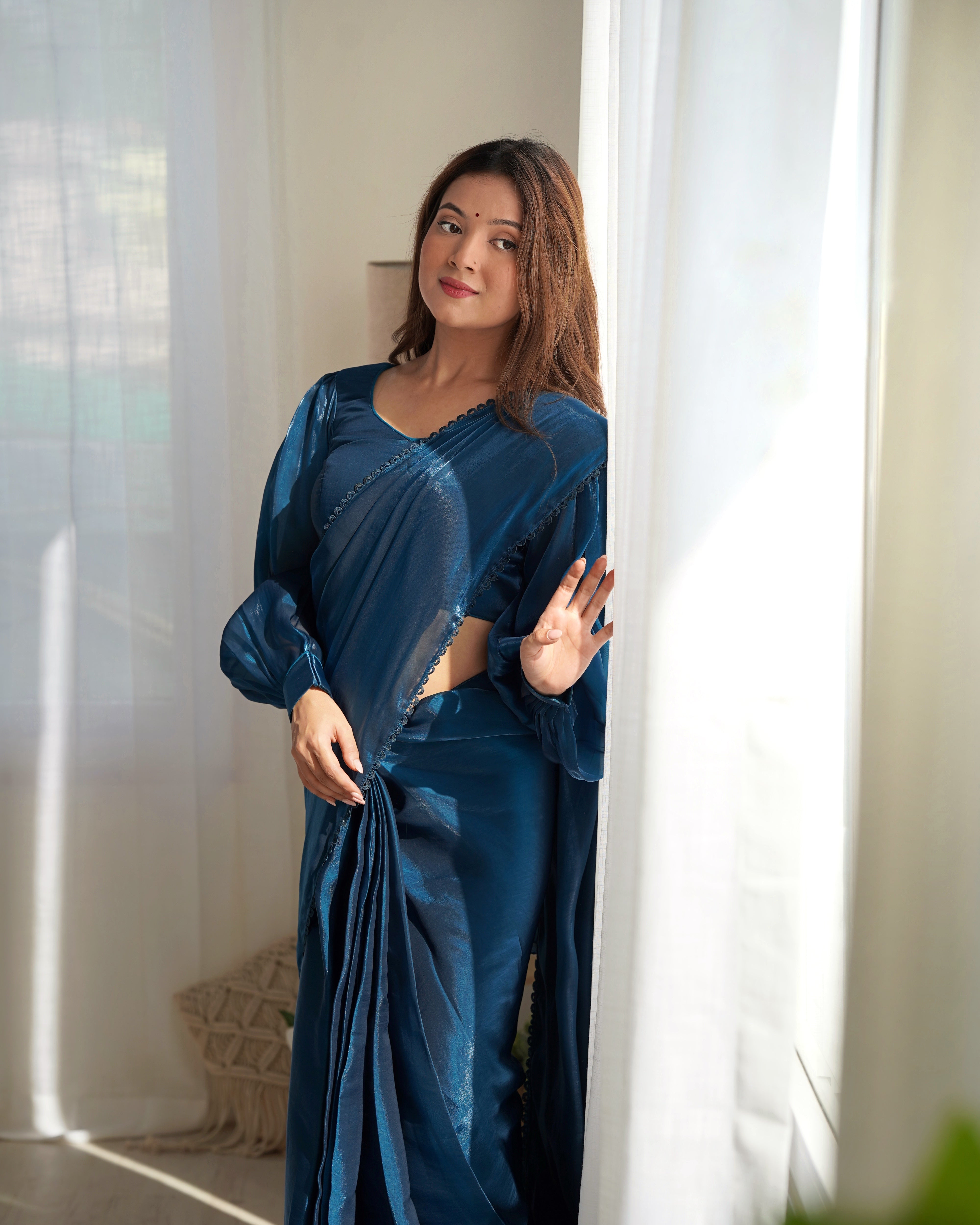 Ready To Wear Pre drapped Ready ToWear Saree With Fully Stitched Blouse Jimmy Choo Fabric - Teal Blue
