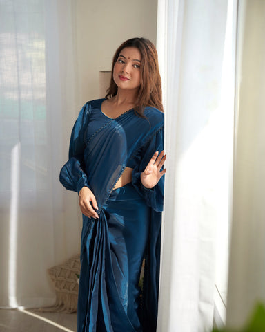 Ready To Wear Pre drapped Ready ToWear Saree With Fully Stitched Blouse Jimmy Choo Fabric - Teal Blue
