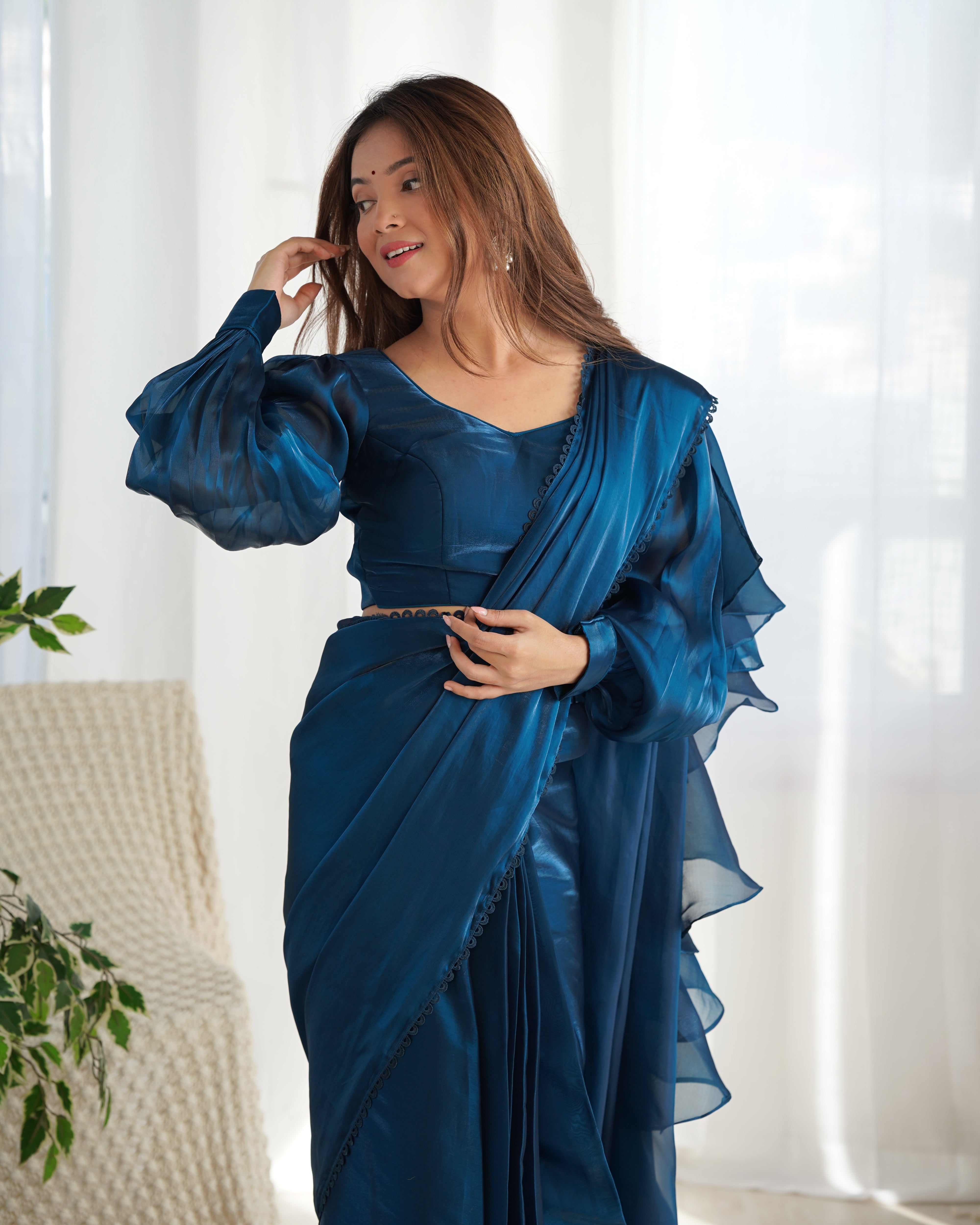 Ready To Wear Pre drapped Ready ToWear Saree With Fully Stitched Blouse Jimmy Choo Fabric - Teal Blue
