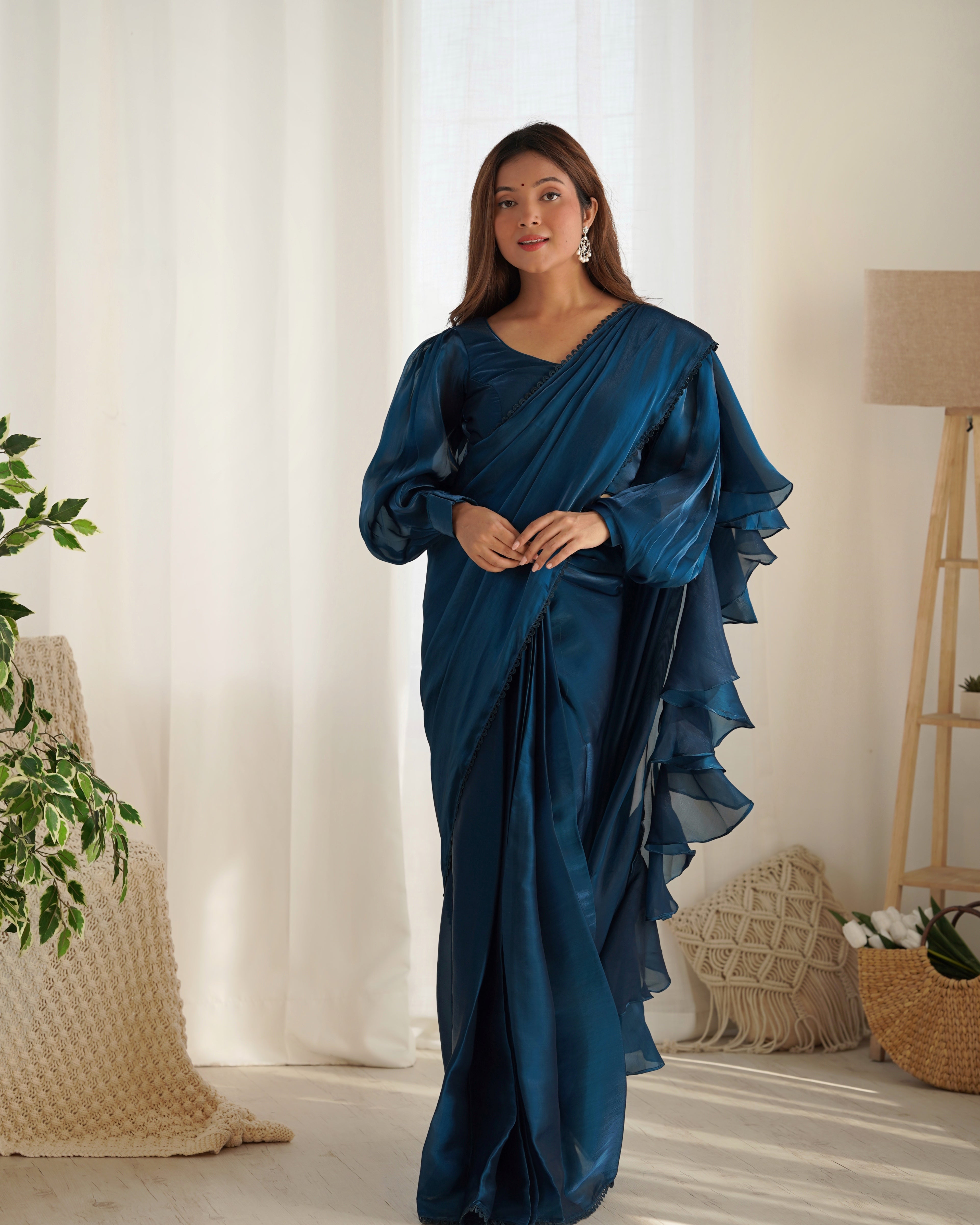 Ready To Wear Pre drapped Ready ToWear Saree With Fully Stitched Blouse Jimmy Choo Fabric - Teal Blue
