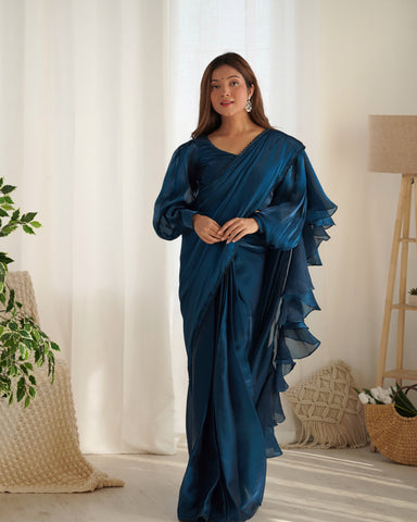 Ready To Wear Pre drapped Ready ToWear Saree With Fully Stitched Blouse Jimmy Choo Fabric - Teal Blue
