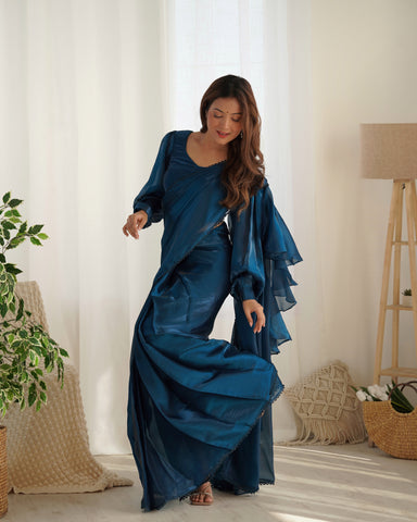 Ready To Wear Pre drapped Ready ToWear Saree With Fully Stitched Blouse Jimmy Choo Fabric - Teal Blue
