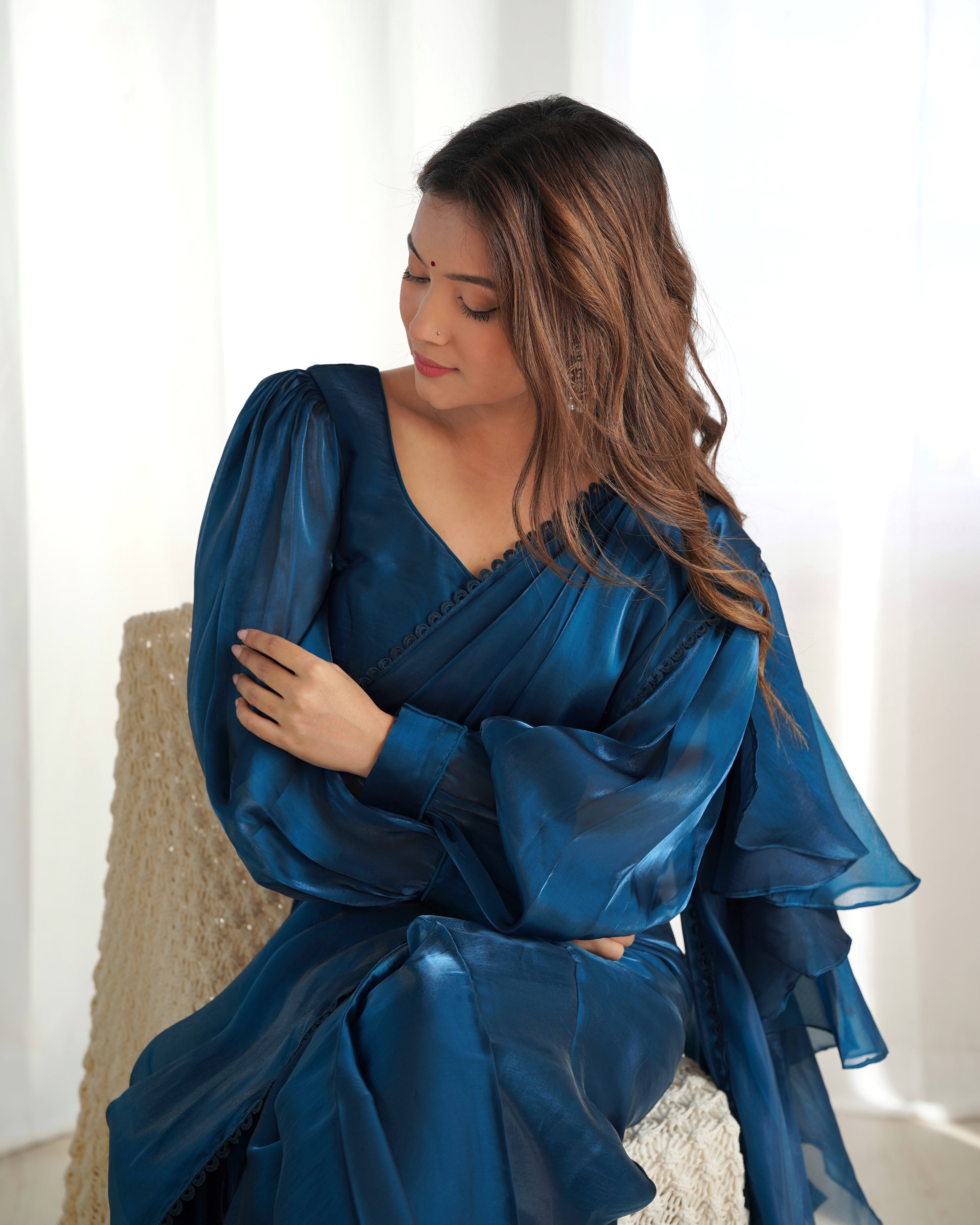 Ready To Wear Pre drapped Ready ToWear Saree With Fully Stitched Blouse Jimmy Choo Fabric - Teal Blue
