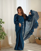 Ready To Wear Pre drapped Ready ToWear Saree With Fully Stitched Blouse Jimmy Choo Fabric - Teal Blue
