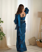 Ready To Wear Pre drapped Ready ToWear Saree With Fully Stitched Blouse Jimmy Choo Fabric - Teal Blue
