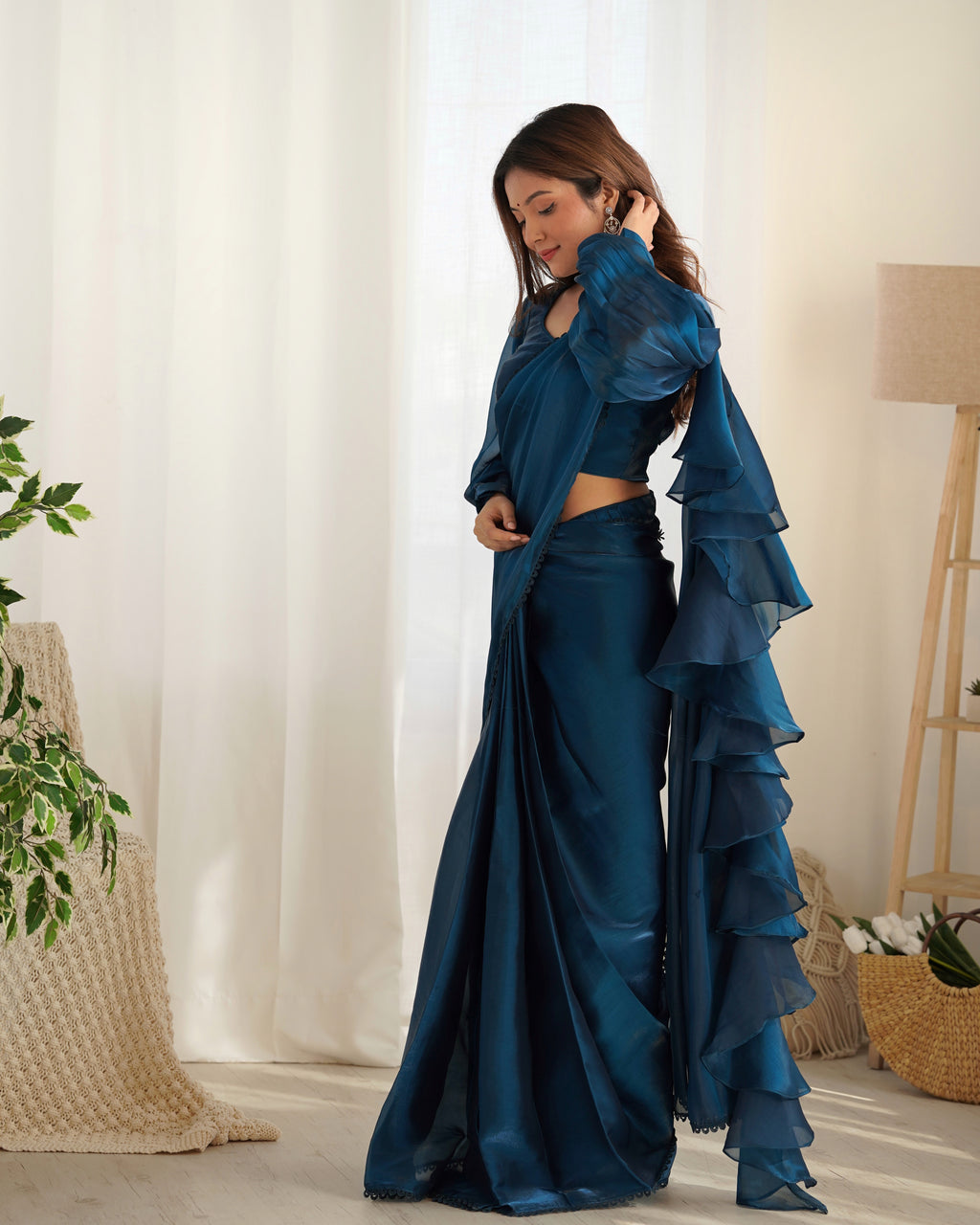 Ready To Wear Pre drapped Ready ToWear Saree With Fully Stitched Blouse Jimmy Choo Fabric - Teal Blue
