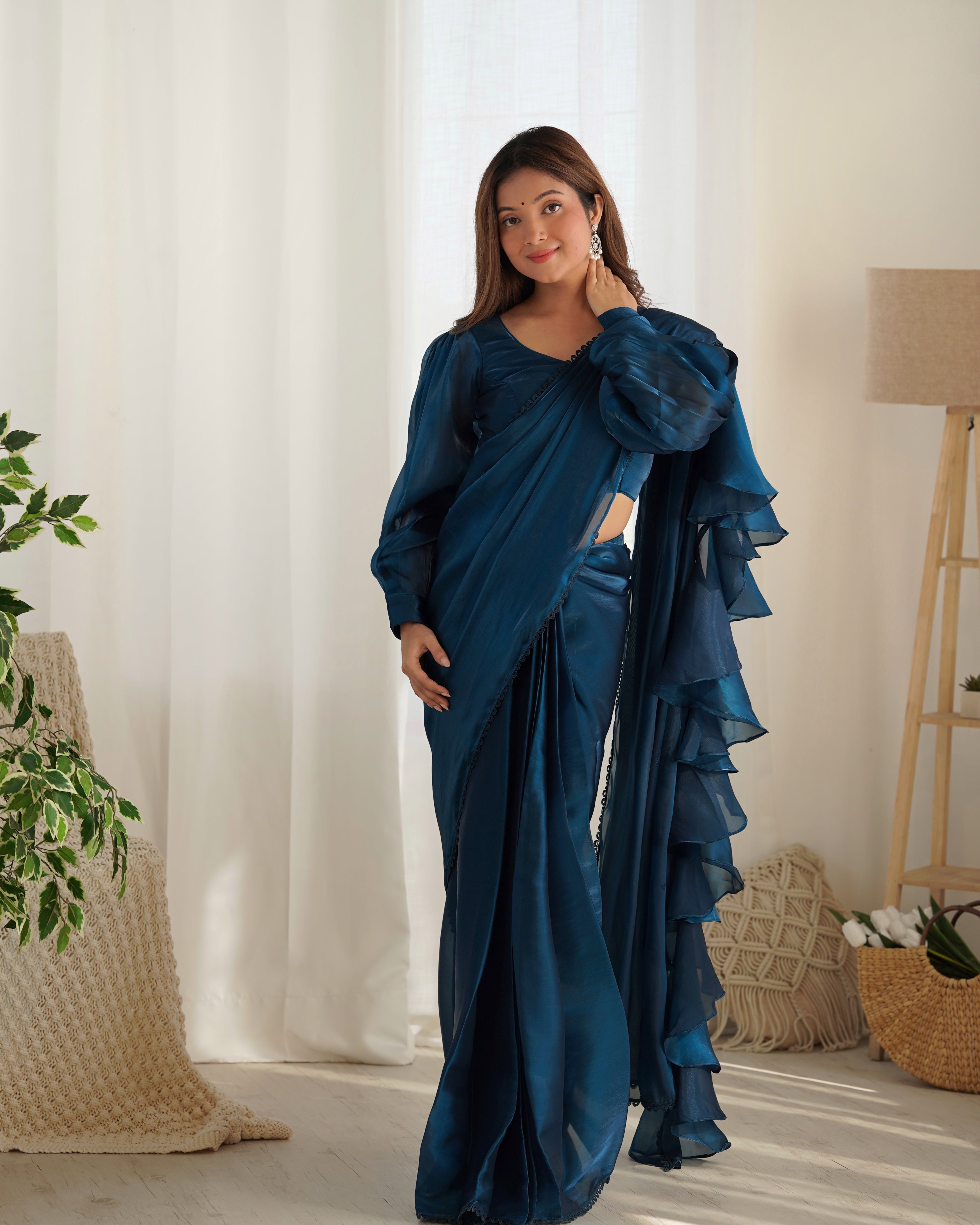 Ready To Wear Pre drapped Ready ToWear Saree With Fully Stitched Blouse Jimmy Choo Fabric - Teal Blue
