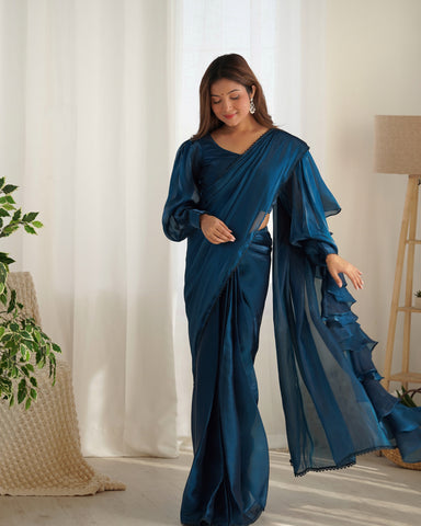 Ready To Wear Pre drapped Ready ToWear Saree With Fully Stitched Blouse Jimmy Choo Fabric - Teal Blue
