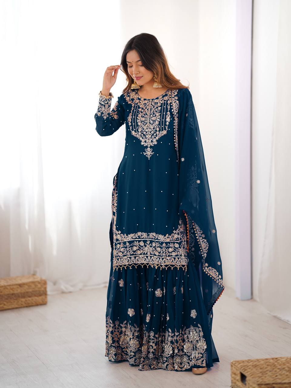 Heavy Designer Teal Blue Cording Dori Work Sharara Suit with Dupatta