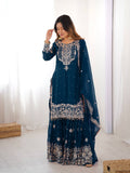 Heavy Designer Teal Blue Cording Dori Work Sharara Suit with Dupatta