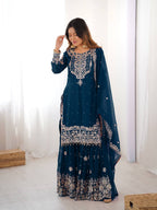 Heavy Designer Teal Blue Cording Dori Work Sharara Suit with Dupatta
