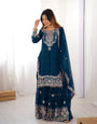 Heavy Designer Teal Blue Cording Dori Work Sharara Suit with Dupatta