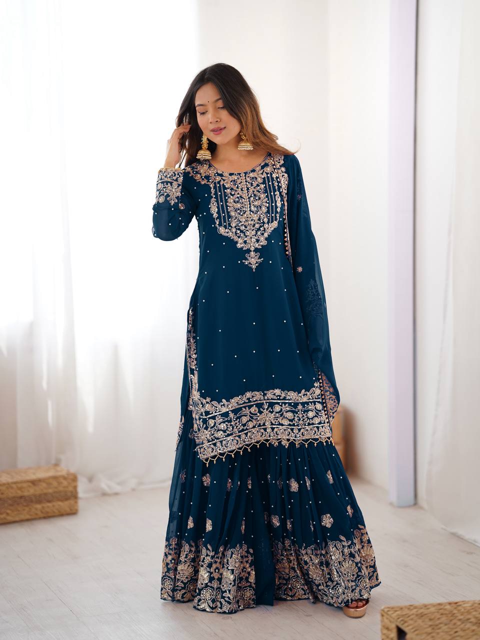 Heavy Designer Teal Blue Cording Dori Work Sharara Suit with Dupatta