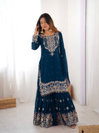 Heavy Designer Teal Blue Cording Dori Work Sharara Suit with Dupatta