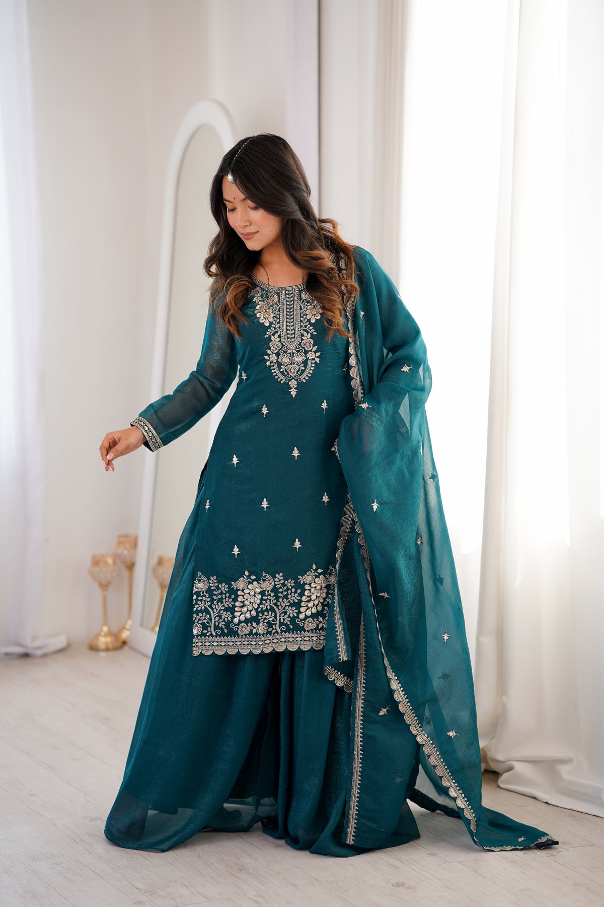 Ethnic Teal Crunchy Silk Embroidered Suit Set | Tulip Designer
