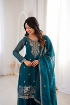 Ethnic Teal Crunchy Silk Embroidered Suit Set | Tulip Designer
