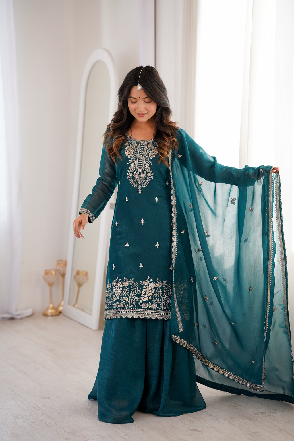 Ethnic Teal Crunchy Silk Embroidered Suit Set | Tulip Designer
