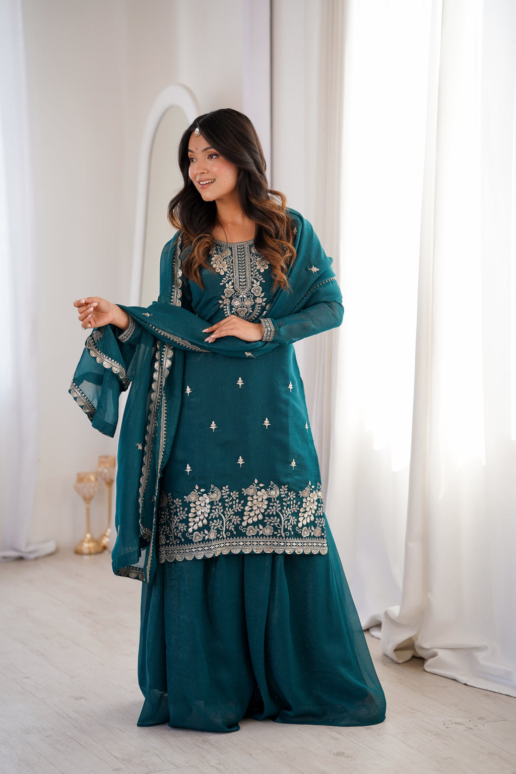 Ethnic Teal Crunchy Silk Embroidered Suit Set | Tulip Designer
