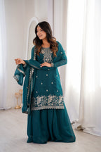 Ethnic Teal Crunchy Silk Embroidered Suit Set | Tulip Designer
