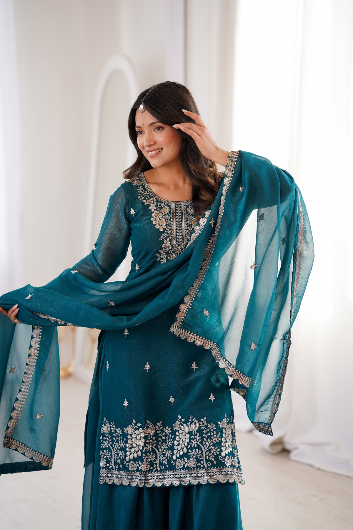 Ethnic Teal Crunchy Silk Embroidered Suit Set | Tulip Designer

