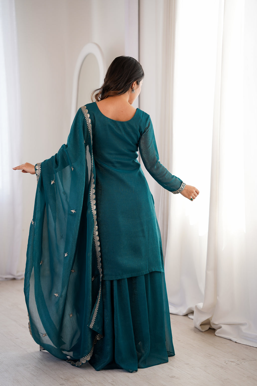Ethnic Teal Crunchy Silk Embroidered Suit Set | Tulip Designer
