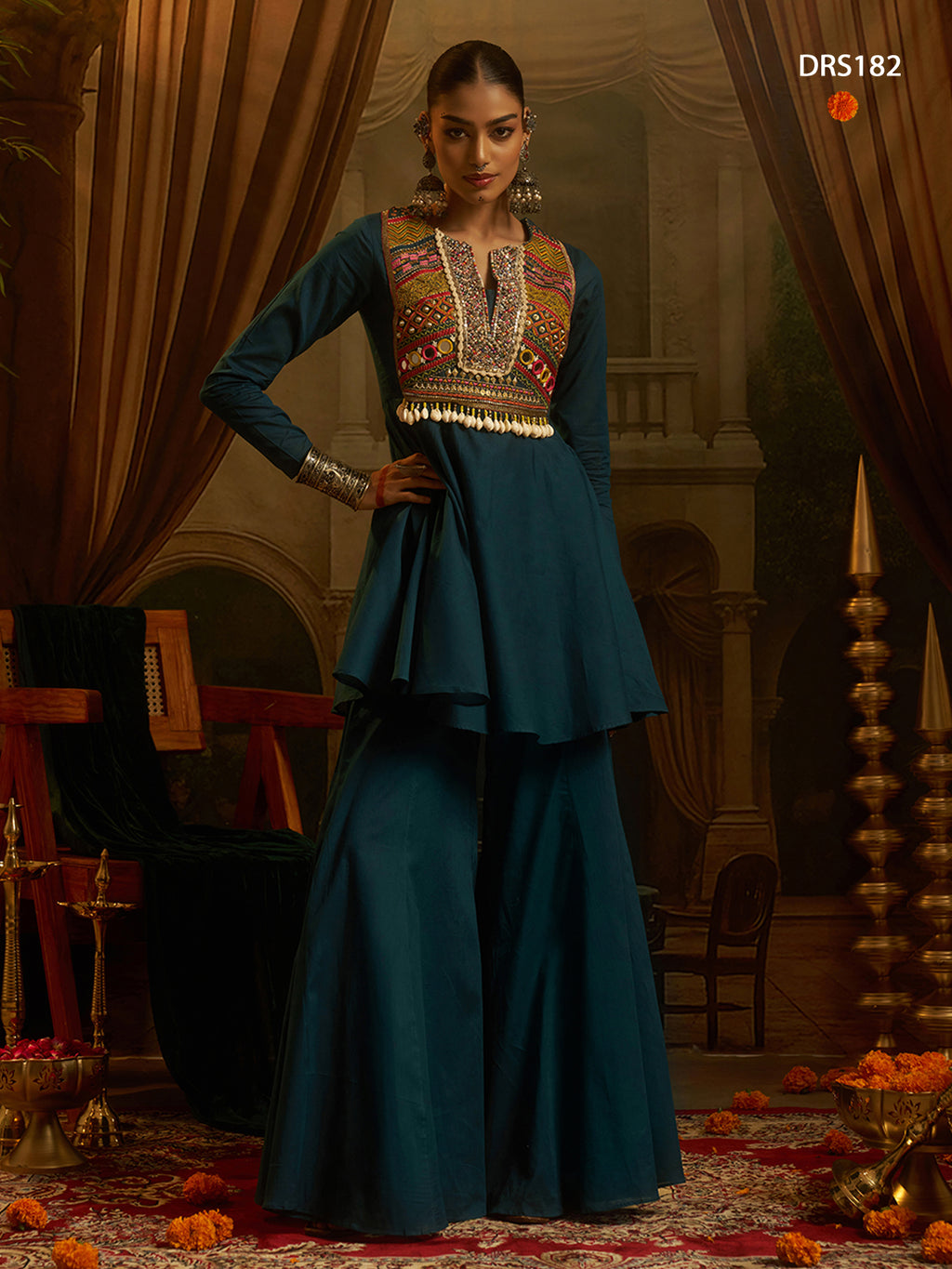Navratri Teal Mul Cotton Top Bottom | Tulip Designer
