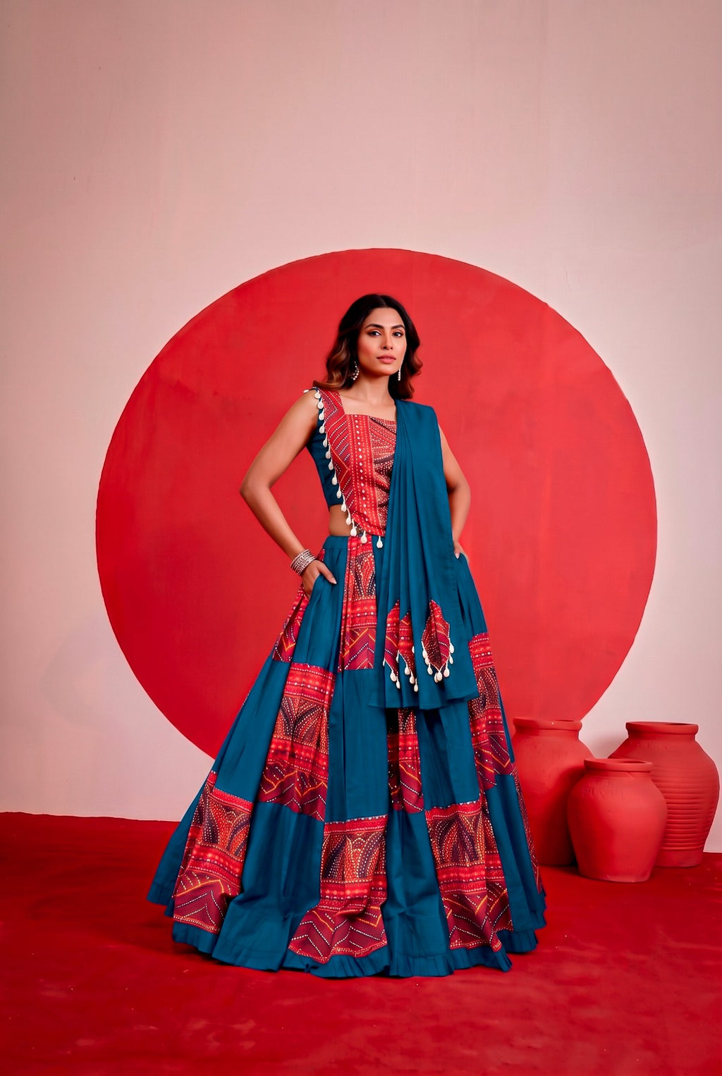 Navratri Teal Rayon Foil Work Lehenga Set | Tulip Designer
