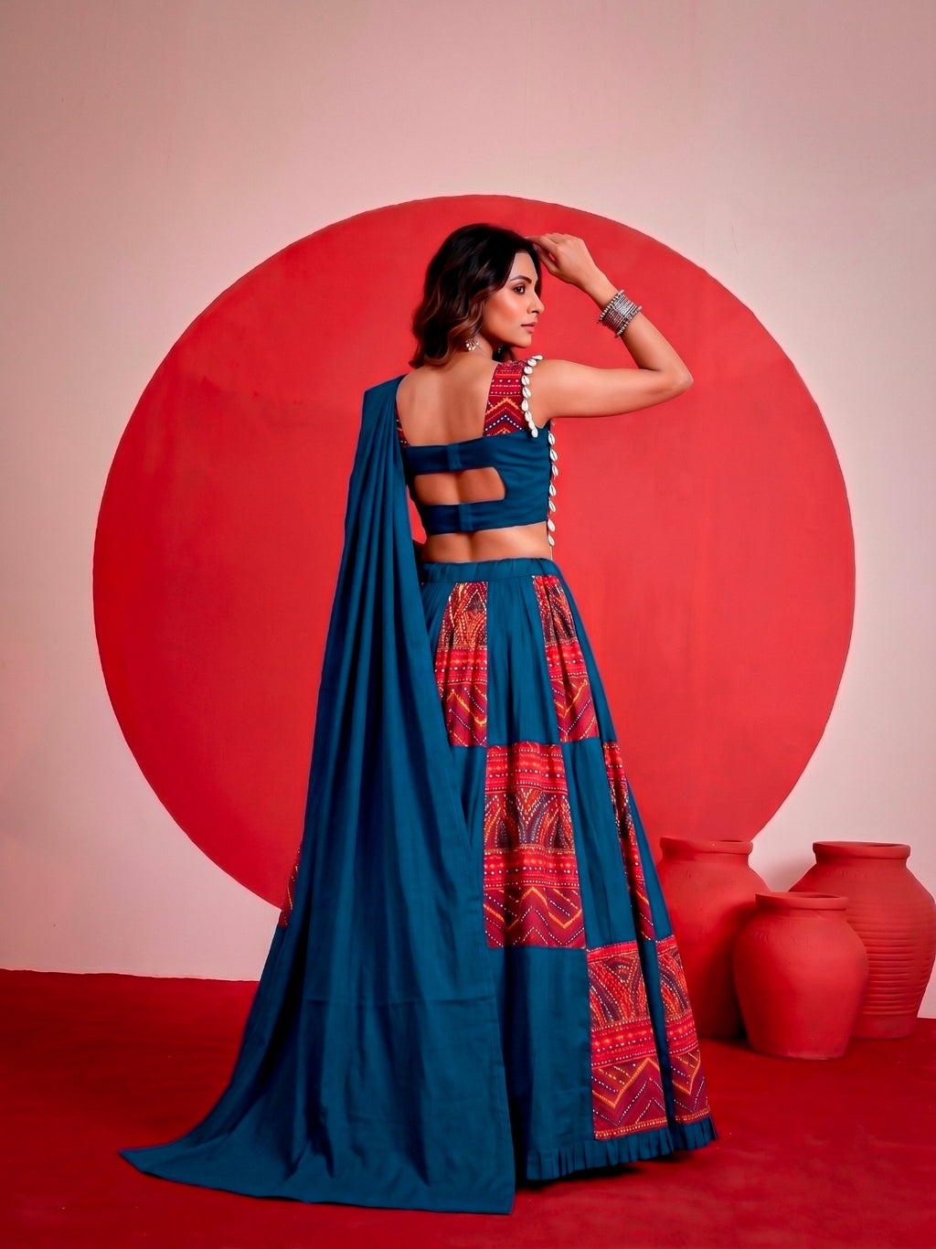 Navratri Teal Rayon Foil Work Lehenga Set | Tulip Designer
