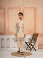 Tendy Beige Wedding Special Koti Kurta Set for Mens Wear
