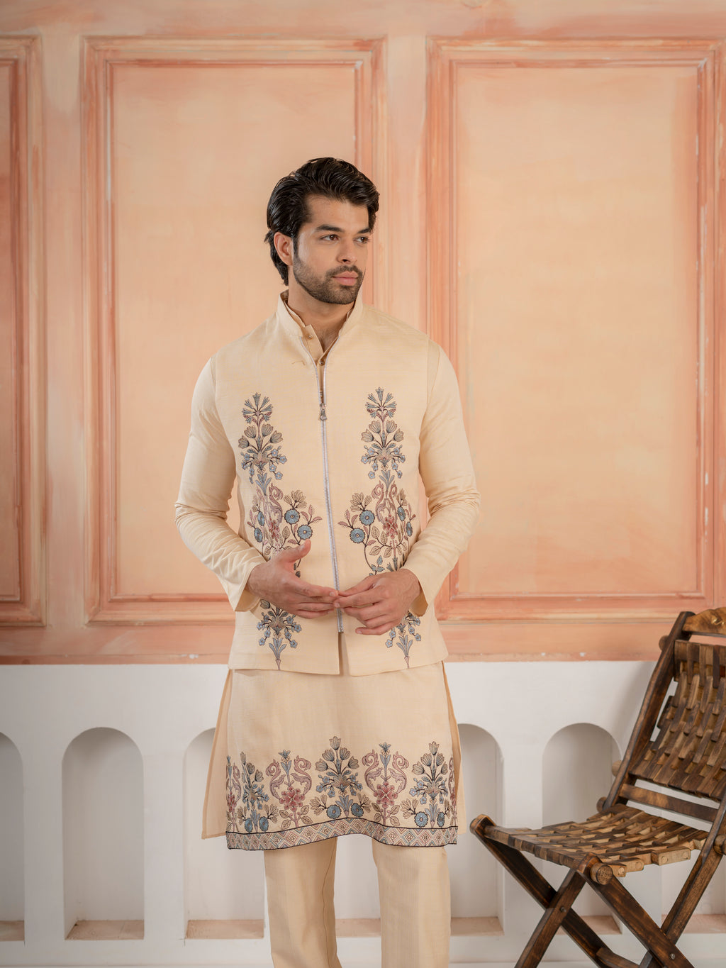 Tendy Beige Wedding Special Koti Kurta Set for Mens Wear

